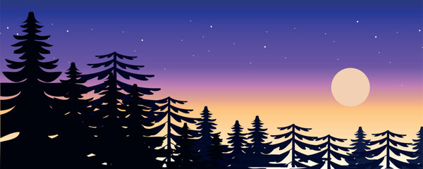Fototapeta premium MobileMinimalist dusk landscape with pine forest silhouettes, glowing moon, and a soft gradient sky. Calm and atmospheric nature scene ideal for backgrounds and modern design projects.