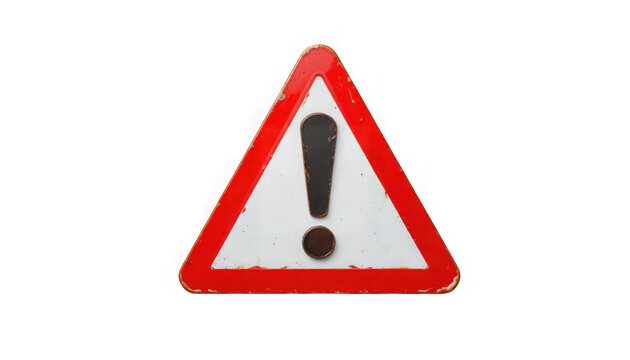 Close up of a weathered triangular road sign featuring a black exclamation mark symbol indicating general warning on transparent background