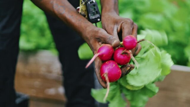 Farmers hands wrapping up radishes together in a garden. Dallas, Texas.