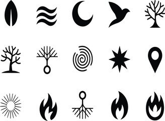 Obraz premium A diverse collection of minimalist black and white line art illustrations featuring nature elements, abstract concepts, and common symbols, perfect for modern graphic design projects