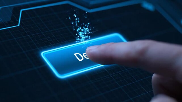 A finger presses a glowing "Deploy" button on a digital interface with a blue grid