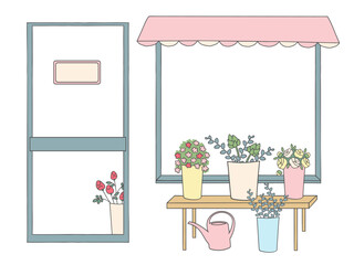 Vector illustration of a cozy flower shop facade with door, awning and window display. Potted flowers and plants on a table with watering can, isolated on white background.