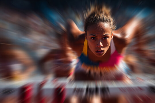 Woman makes a determined leap over hurdles on a vibrant race track