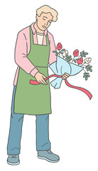 Vector illustration of a male florist tying a ribbon on a flower bouquet. Floral design process and bouquet preparation, isolated on white background.