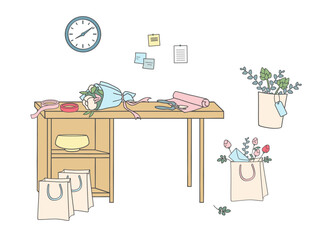 Vector illustration of a florist workbench with bouquet, scissors, wrapping paper, ribbons and shopping bags. Flower arrangement process in a flower shop interior.