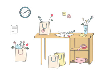 Vector illustration of a florist workspace with table, paper bags holding bouquets, notes and wall clock. Flower shop interior and order preparation concept.