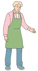 Vector illustration of a male florist gesturing and greeting a customer. Flower shop service and communication concept on white background.