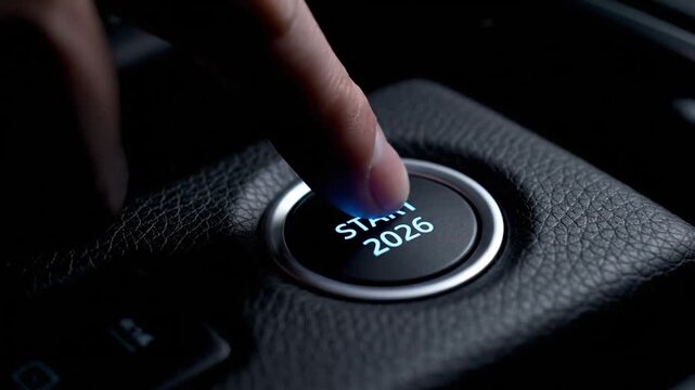 A finger presses a glowing "START 2026" button in a car, detail shot