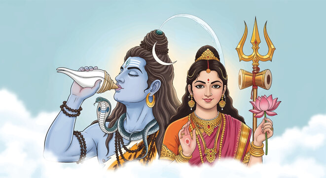 Lord Shiva and Goddess Parvati Divine Union Vector Illustration for Maha Shivratri