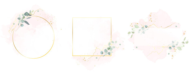 Herbal eucalyptus and gold vector frames. Hand painted branches, leaves on white backgrounds. Greenery wedding simple minimalist invitations. Watercolor cards. All elements are isolated and editable © lavendertime