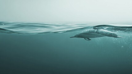 Obraz premium Dolphin Swimming Just Below the Water Surface in an Ocean Landscape With Open Space Perfect for Storytelling and Corporate Use