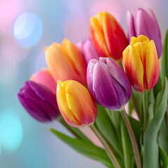 Close up of colorful tulips in bloom, spring bouquet of vibrant fresh flowers, selective focus, natural light, soft bokeh background, detailed petals, floral spring celebration