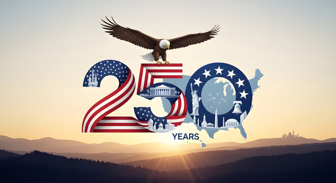 Commemorating 250 years of american independence with an eagle and patriotic symbols over a sunset landscape