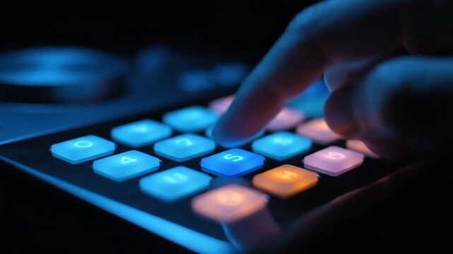 A finger presses an illuminated button on a control panel in a dark setting