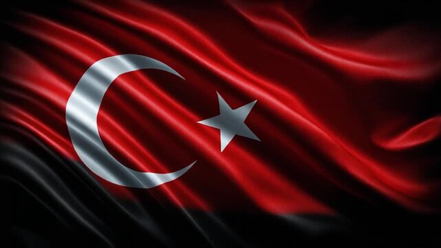 A close-up view of a flag with a crescent moon and a star set against a red fabric