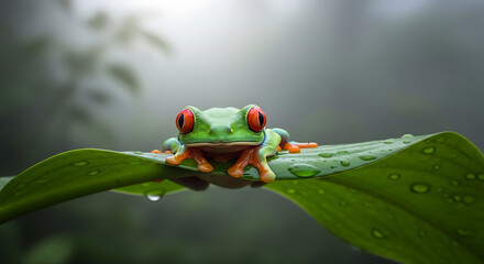 Naklejka premium Red-eyed tree frog on wet green leaf in tropical forest