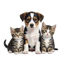 Adorable Puppy and Two Tabby Kittens Portrait on white background, Isolated on Transparent Background