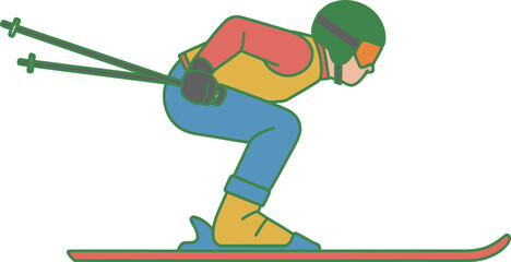 Downhill skiing vector illustration of athlete in crouched posture, wearing colorful gear with helmet and goggles, dynamic slope action vector.