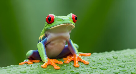 Red-eyed tree frog sitting on wet green leaf in rainforest