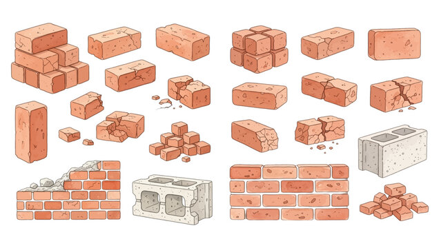 Collection of watercolor illustrations featuring various red bricks and concrete blocks for construction projects.
