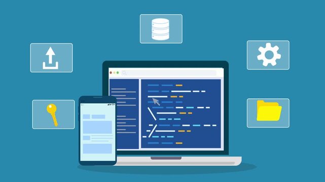 Flat illustration of software development workspace with laptop showing code editor, mobile interface, and upload system icons representing file transfer and digital workflow.
