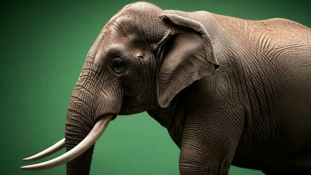 Majestic Elephant With Long Tusks Against Green Background.