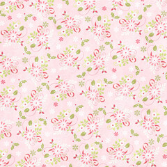 Seamless floral winter pattern with pink flowers, holly leaves, and snowflakes on pastel pink background. Cute festive design for textiles and holiday decor.