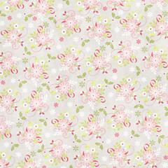 Seamless floral pattern with soft pink flowers and winter elements on light gray textured background. Elegant seasonal design ideal for fabric, wrapping, and decor.
