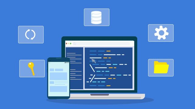 Flat illustration of software development workspace with laptop code editor, mobile interface, and database system icons representing programming, storage, and digital technology.
