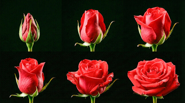 Secuencia visual sobre fondo negro que muestra el ciclo de vida de una rosa roja, desde un capullo cerrado hasta su florecimiento completo en etapas detalladas.