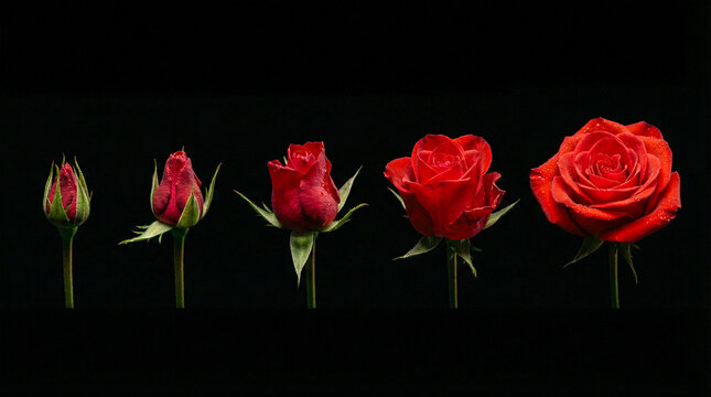 Secuencia visual sobre fondo negro que muestra el ciclo de vida de una rosa roja, desde un capullo cerrado hasta su florecimiento completo en etapas detalladas.