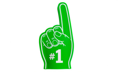 Fototapeta premium Isolated Green Foam Finger Number One. Number 1 (one) fan 3D hand glove Green color with finger raised 3d icon on White background. hand holding a sign