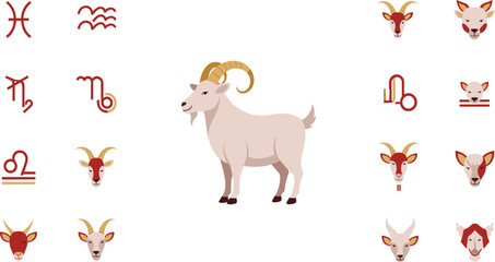 Obraz premium Aries Zodiac Illustration Set with Ram Goat Character Astrology Symbols and Horoscope Icons for Esoteric Branding and Vector Design Projects