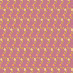 Seamless floral pattern with cute flowers and heart shapes on pink background. Playful romantic design ideal for fabric, wrapping paper, kids designs, and Valentine themes.