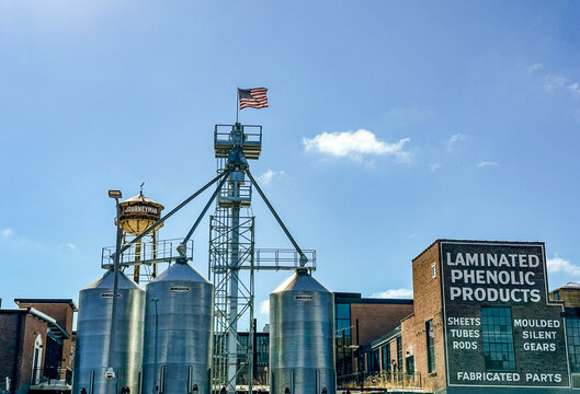 Exterior of the The Journeyman Distillery against blue sky. February 8, 2026 - Valparaiso, IN USA 