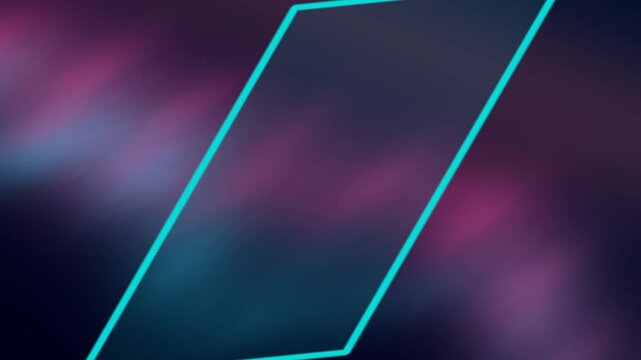 A teal rectangular outline floats against a starry cosmic background with dark to purple gradients