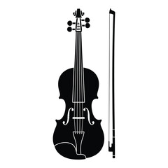Black and white silhouette of a violin with bow isolated on white background musical instrument desi