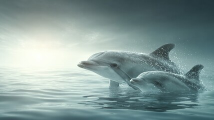 Fototapeta premium Dolphins Swim Near the Ocean Surface With Light Ripples at Dawn While Playing in the Gentle Waters of a Clear Marine Environment