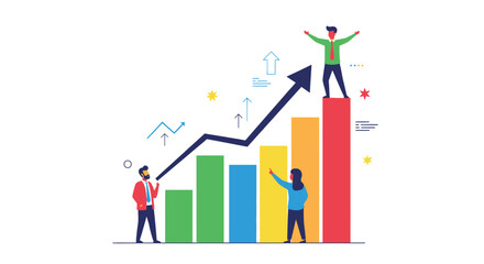 Business growth illustration with people reaching for success and upward trends