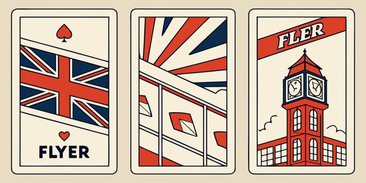 Set of three retro style travel flyers with united kingdom flag and big ben clock tower illustration in vintage red blue and beige colors for london tourism advertisement or graphic design project
