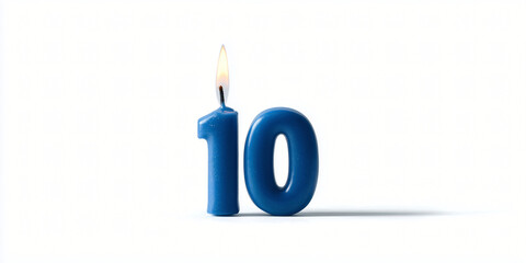 A lit blue candle in the shape of the number 10, perfect for celebrating a tenth anniversary or milestone