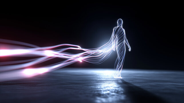 Futuristic female silhouette with flowing digital data cape in motion