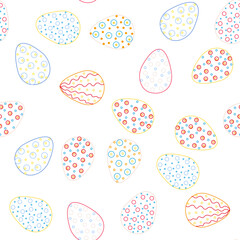 Seamless pattern with Easter eggs, outline design. A vibrant seamless background for Easter designs, featuring cute patterned eggs with polka dots, flowers, and stripes.
