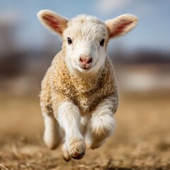 Obraz premium A fluffy white lamb joyfully sprints across the pasture, its ears perked up and hooves kicking, showcasing its playful energy in the sptime sunshine.