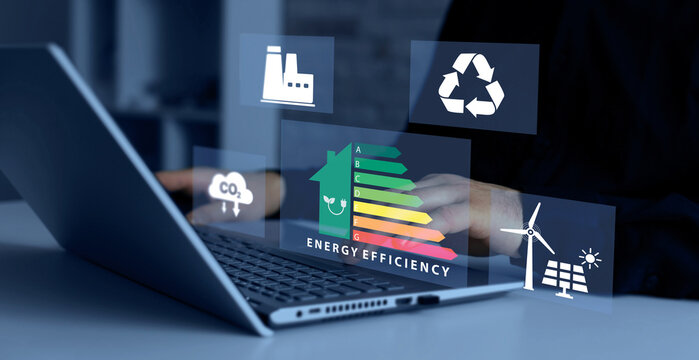 Energy efficiency concept. Energy efficiency rating icon on virtual screen for energy efficient house building rate label audit.