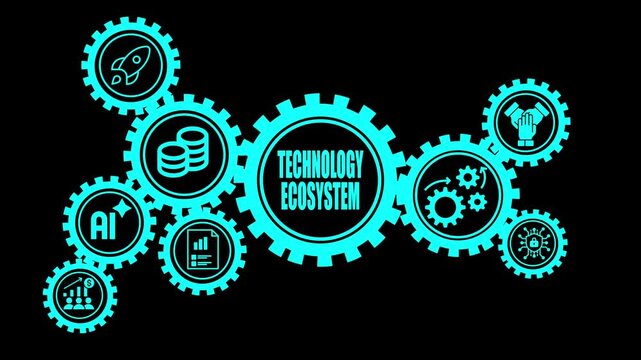 Interconnected teal gears with representing AI, rocket, coins, charts, teamwork, and technology ecosystem on a black background