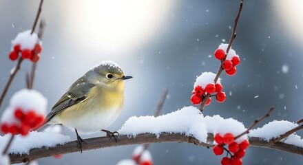 A small bird perched on a snowy branch with red berries in winter
