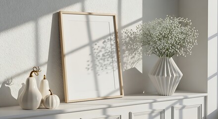 Serene interior scene with decorative vase and framed artwork on a shelf