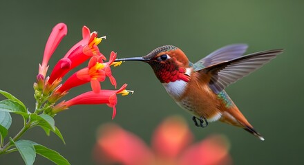 Hummingbird feeding on vibrant red flowers in mid air with blurred green background