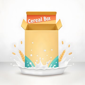 Open cardboard cereal box with a milk splash and wheat stalks on a white background.